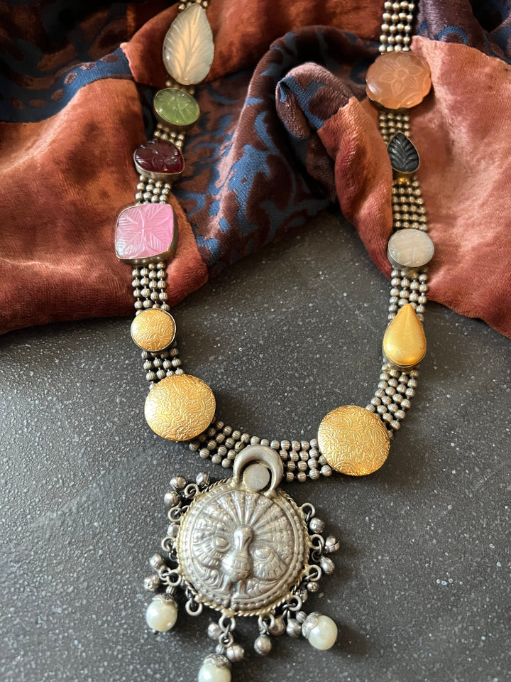 Vintage Artistic Long Necklace with Carved Stones