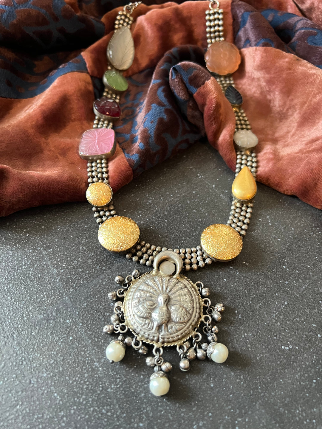 Vintage Artistic Long Necklace with Carved Stones