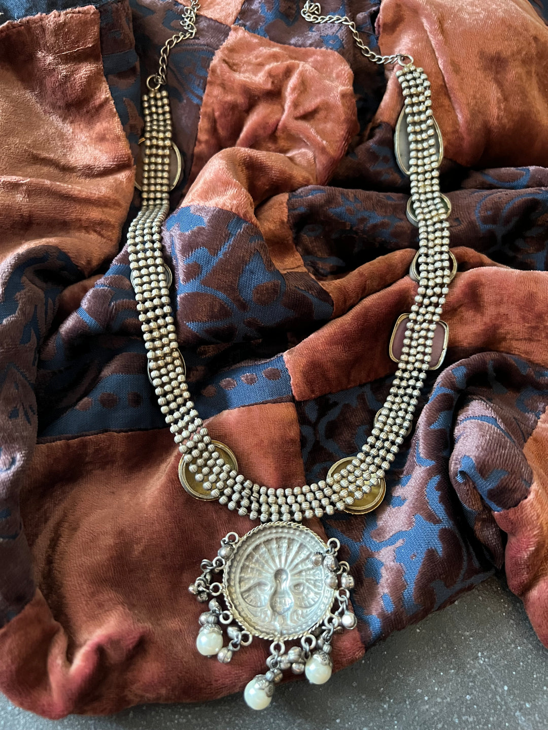 Vintage Artistic Long Necklace with Carved Stones