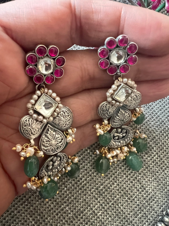 Handmade 925 Silver Pearl Green Beads Necklace Set | SHIVKA