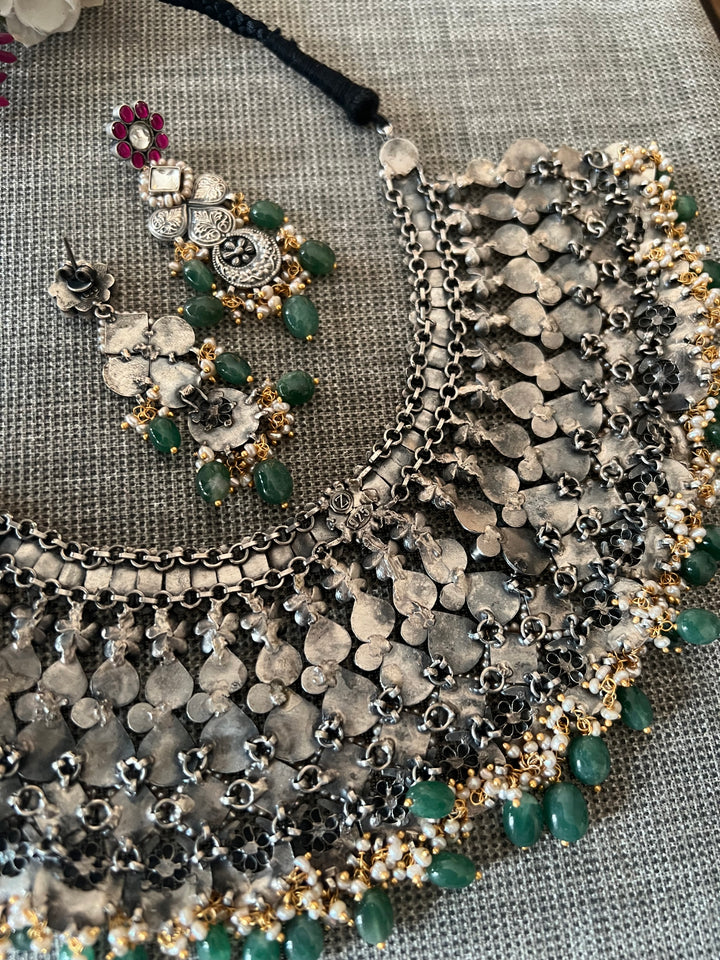 Handmade 925 Silver Pearl Green Beads Necklace Set | SHIVKA