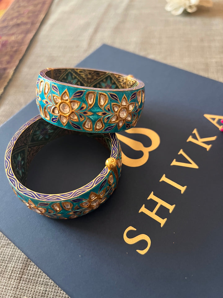 SHIVKA Enamelled 925 Silver Kundan Kada | Set of 2 | Openable Screw Lock | 180g