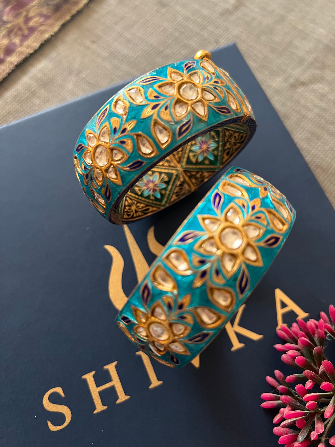 SHIVKA Enamelled 925 Silver Kundan Kada | Set of 2 | Openable Screw Lock | 180g