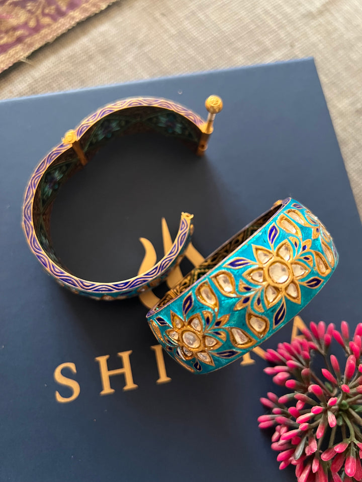SHIVKA Enamelled 925 Silver Kundan Kada | Set of 2 | Openable Screw Lock | 180g
