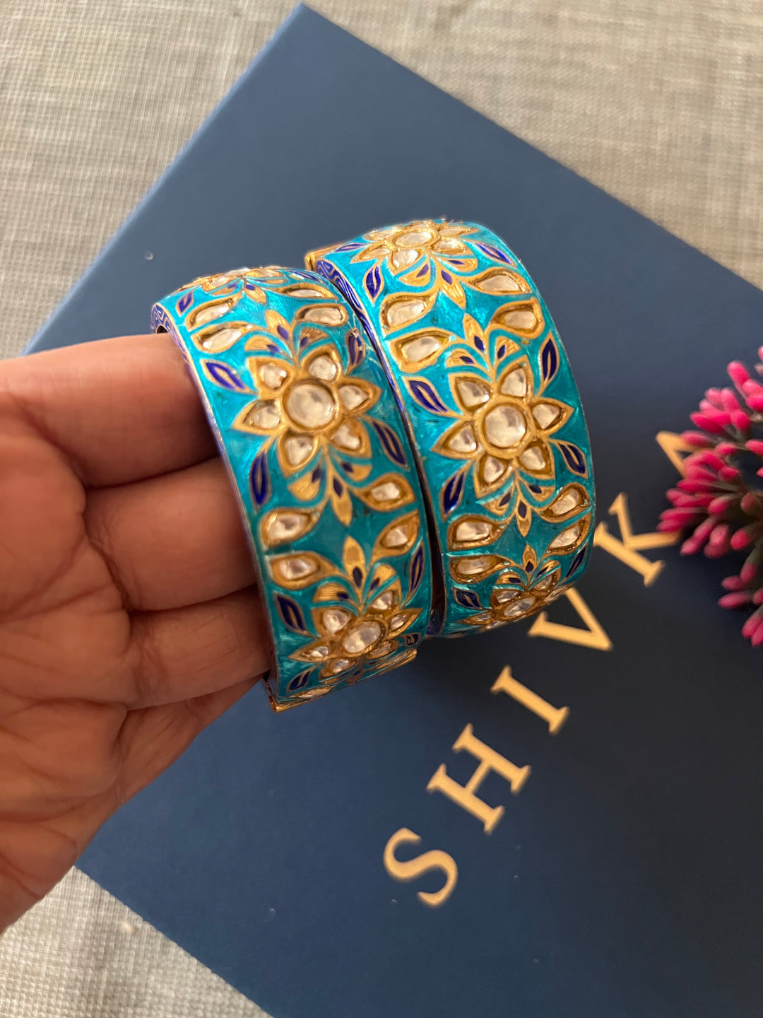 SHIVKA Enamelled 925 Silver Kundan Kada | Set of 2 | Openable Screw Lock | 180g