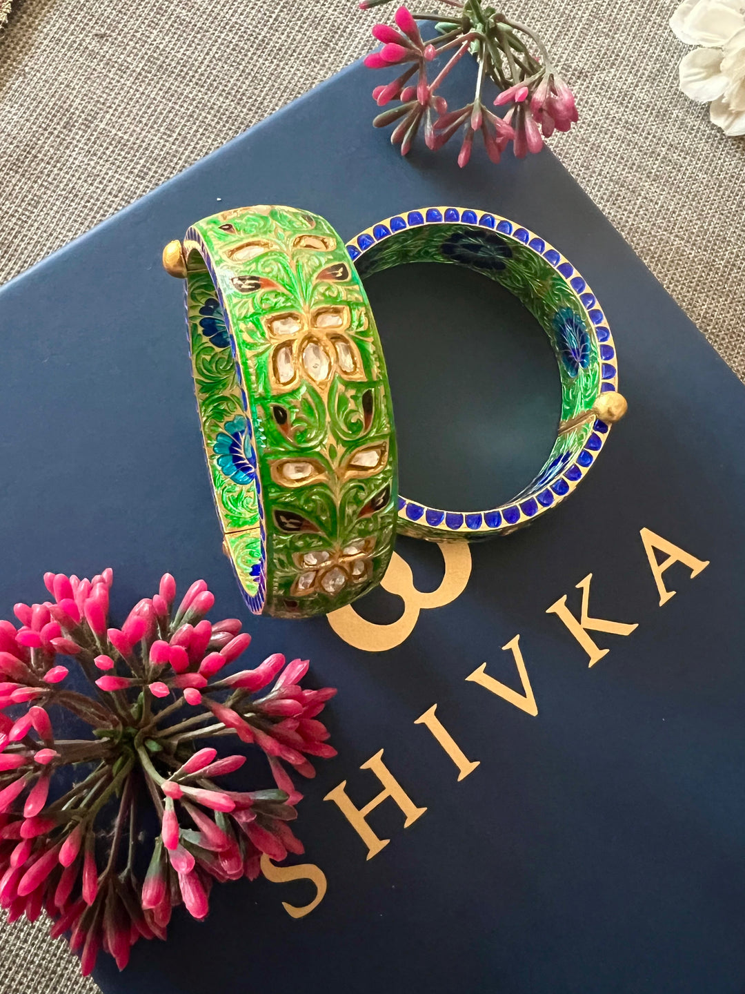 SHIVKA Enamelled 925 Silver Kundan Kada | Set of 2 | Openable Screw Lock | 150g