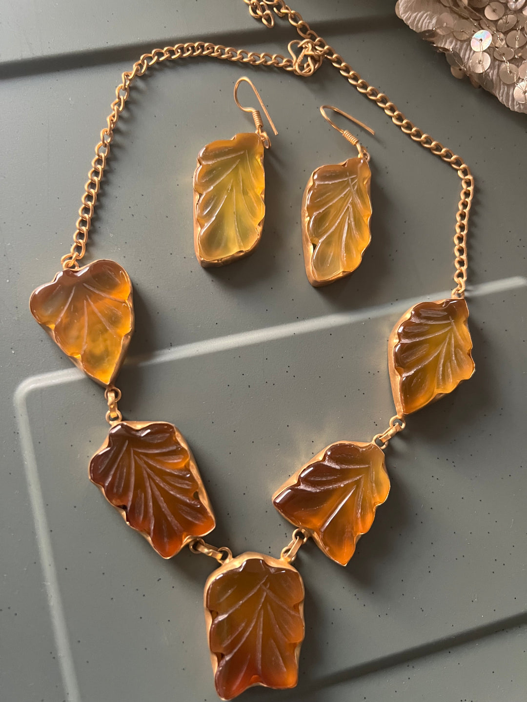 Carved Yellow Chalcedony Necklace with Danglers