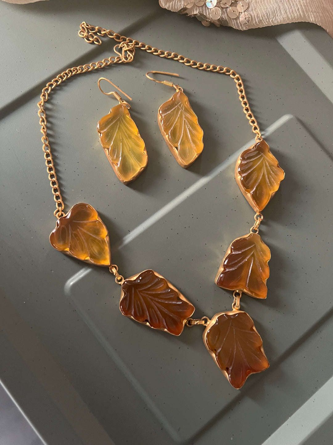 Carved Yellow Chalcedony Necklace with Danglers