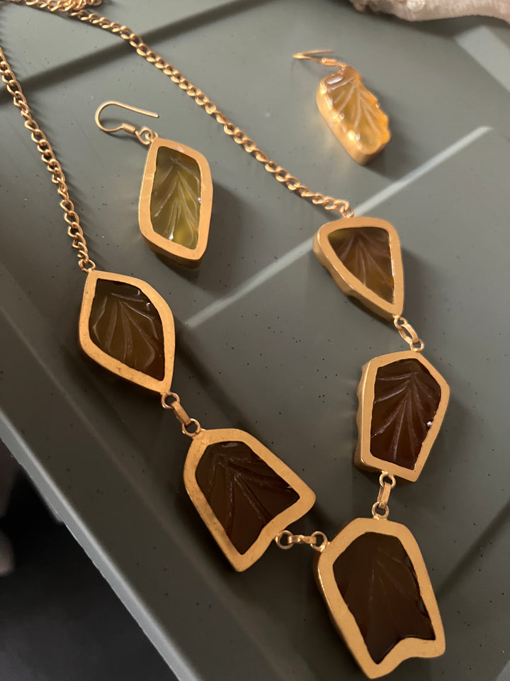 Carved Yellow Chalcedony Necklace with Danglers