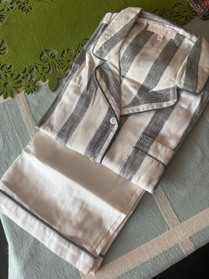 Cotton Night Suit Set - Grey Striped Sleepwear