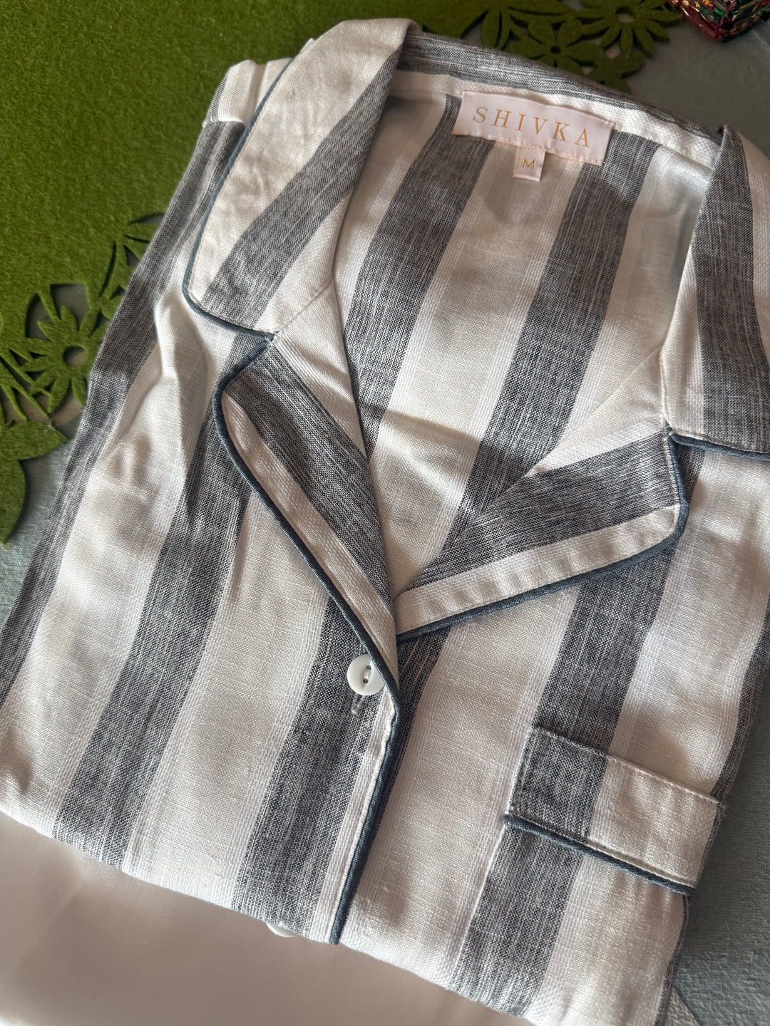 Cotton Night Suit Set - Grey Striped Sleepwear