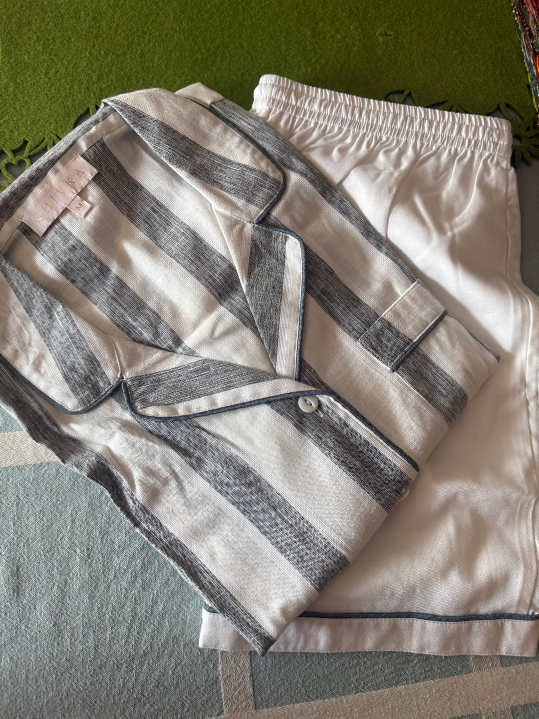 Cotton Night Suit Set - Grey Striped Sleepwear