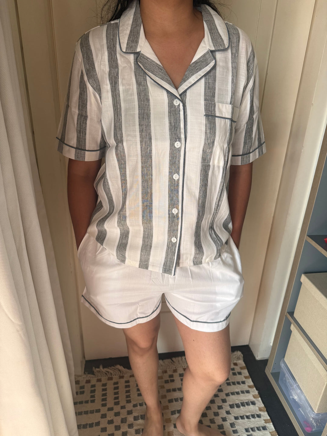 Cotton Night Suit Set - Grey Striped Sleepwear