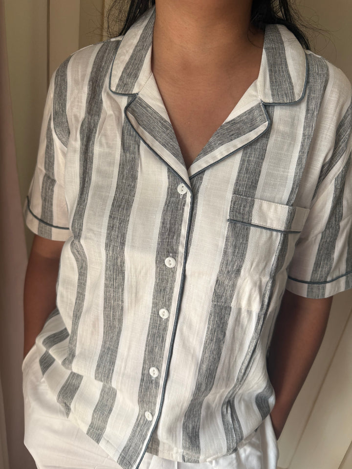 Cotton Night Suit Set - Grey Striped Sleepwear