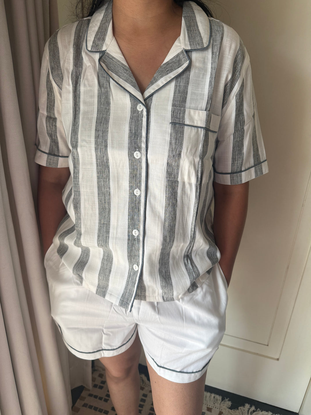 Cotton Night Suit Set - Grey Striped Sleepwear