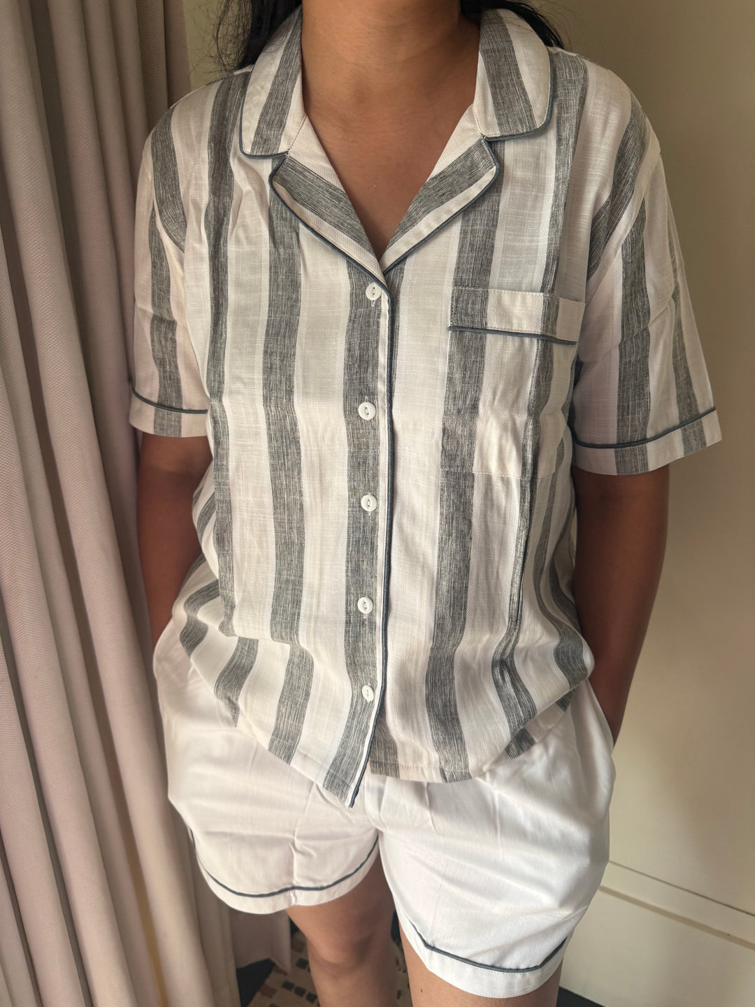 Cotton Night Suit Set - Grey Striped Sleepwear