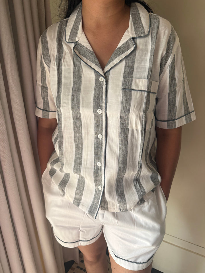 Cotton Night Suit Set - Grey Striped Sleepwear