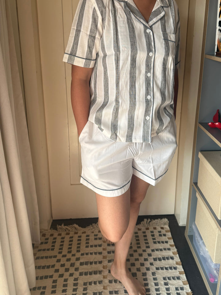 Cotton Night Suit Set - Grey Striped Sleepwear