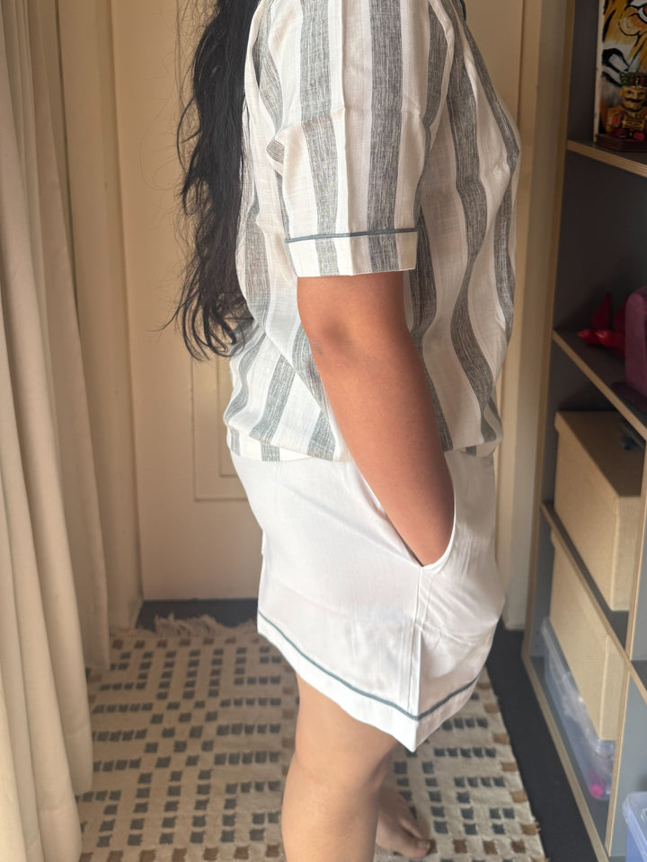 Cotton Night Suit Set - Grey Striped Sleepwear