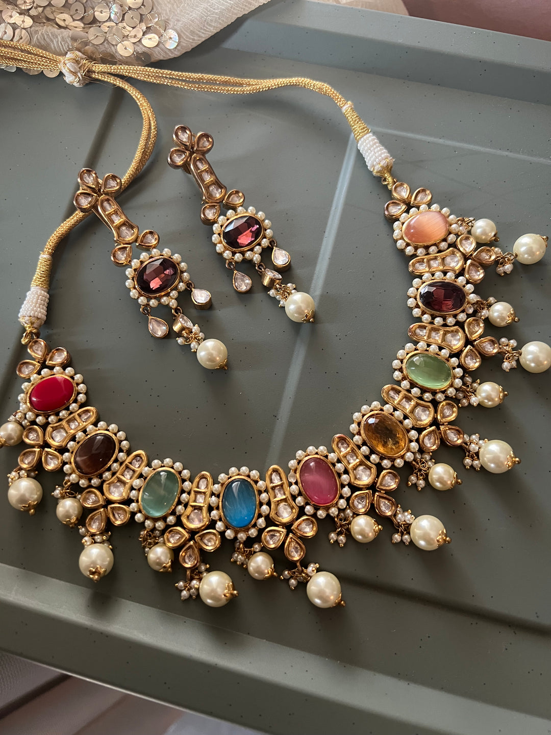 Royal Multicoloured Pearls and Kundan Necklace with Earrings