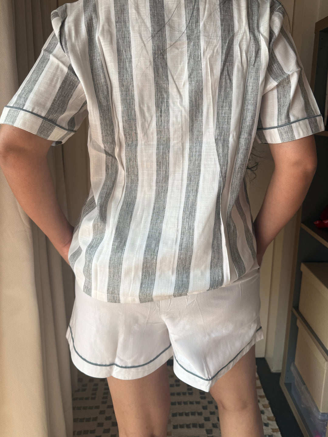 Cotton Night Suit Set - Grey Striped Sleepwear