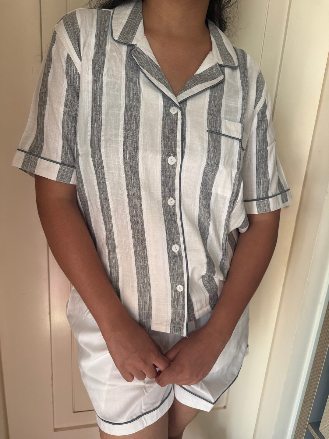 Cotton Night Suit Set - Grey Striped Sleepwear