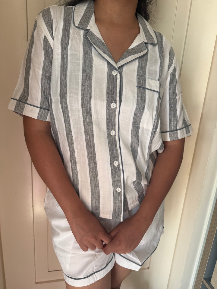 Cotton Night Suit Set - Grey Striped Sleepwear