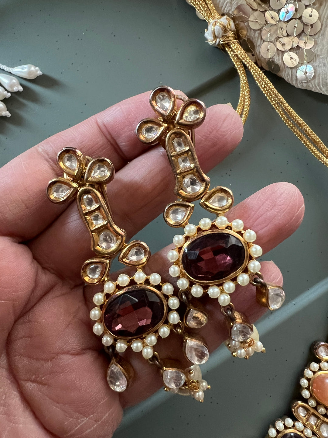 Royal Multicoloured Pearls and Kundan Necklace with Earrings