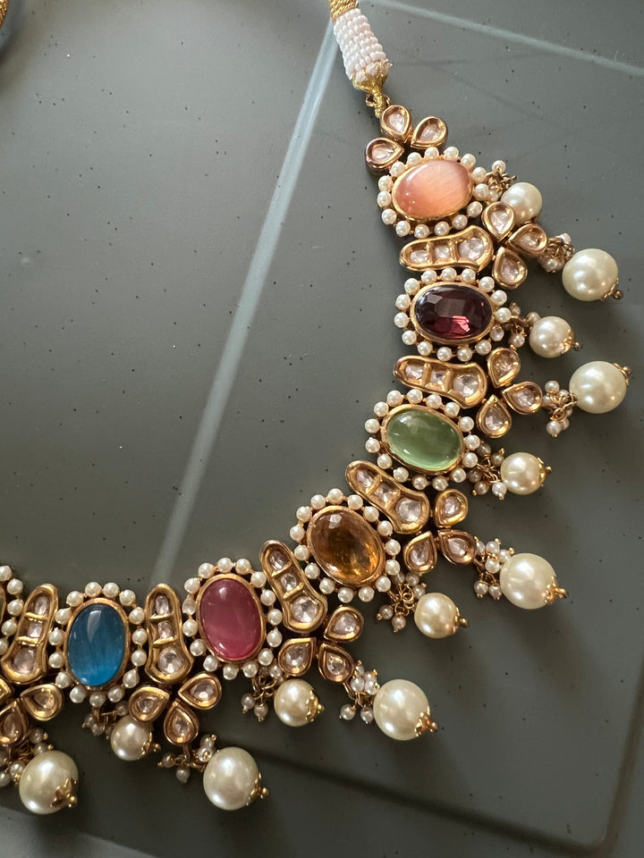 Royal Multicoloured Pearls and Kundan Necklace with Earrings