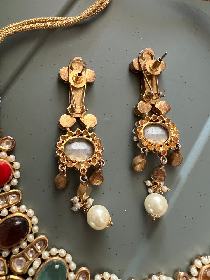 Royal Multicoloured Pearls and Kundan Necklace with Earrings