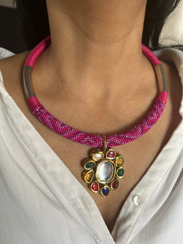 Fusion Navratna Hasli Necklace | SHIVKA | Statement Jewelry