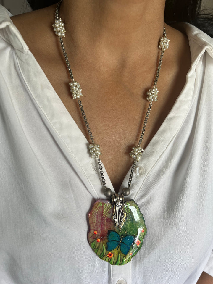 Hand-Painted Agate Stone Necklace with Pearl Clustered String | Statement Jewelry