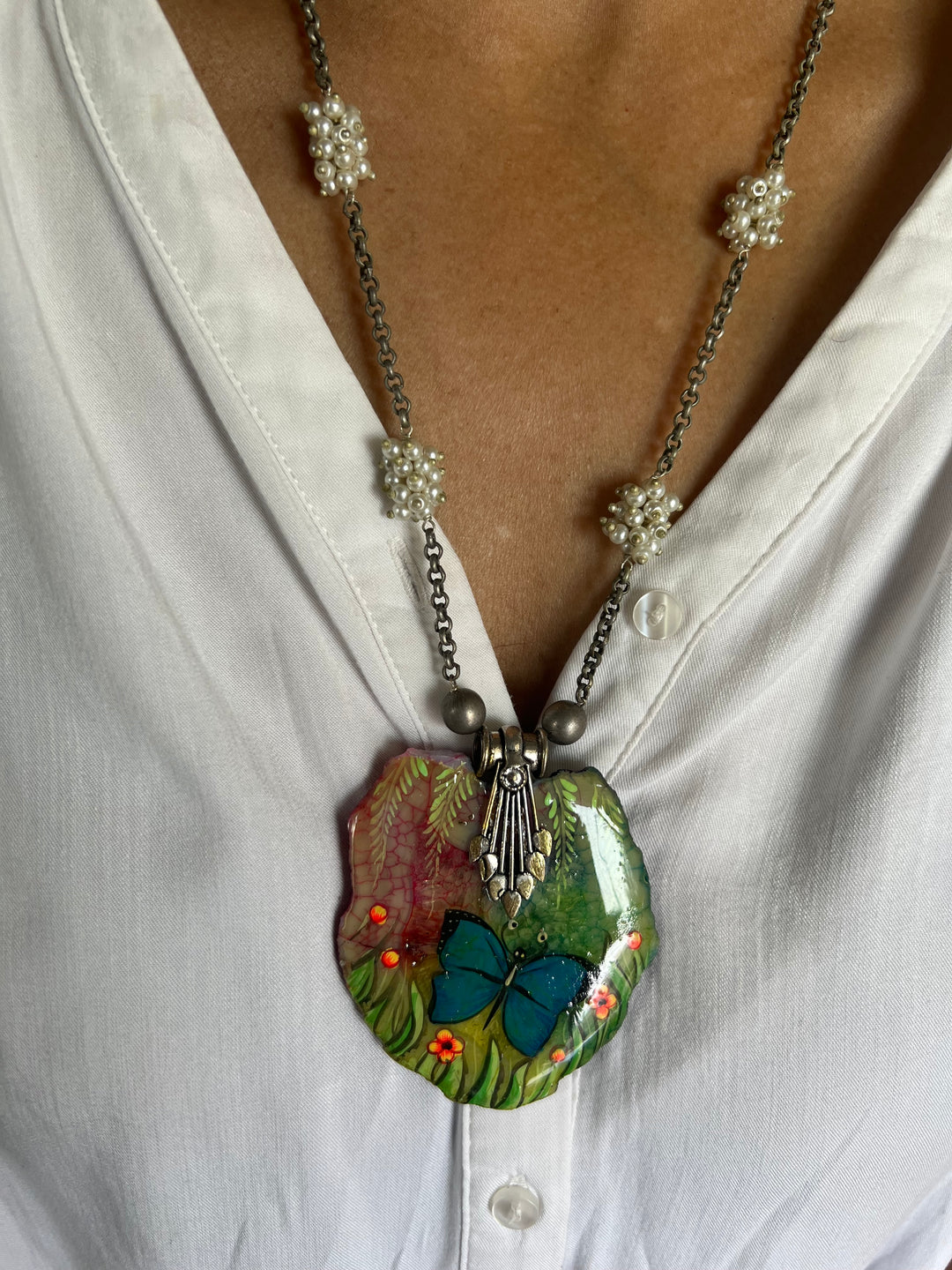 Hand-Painted Agate Stone Necklace with Pearl Clustered String | Statement Jewelry