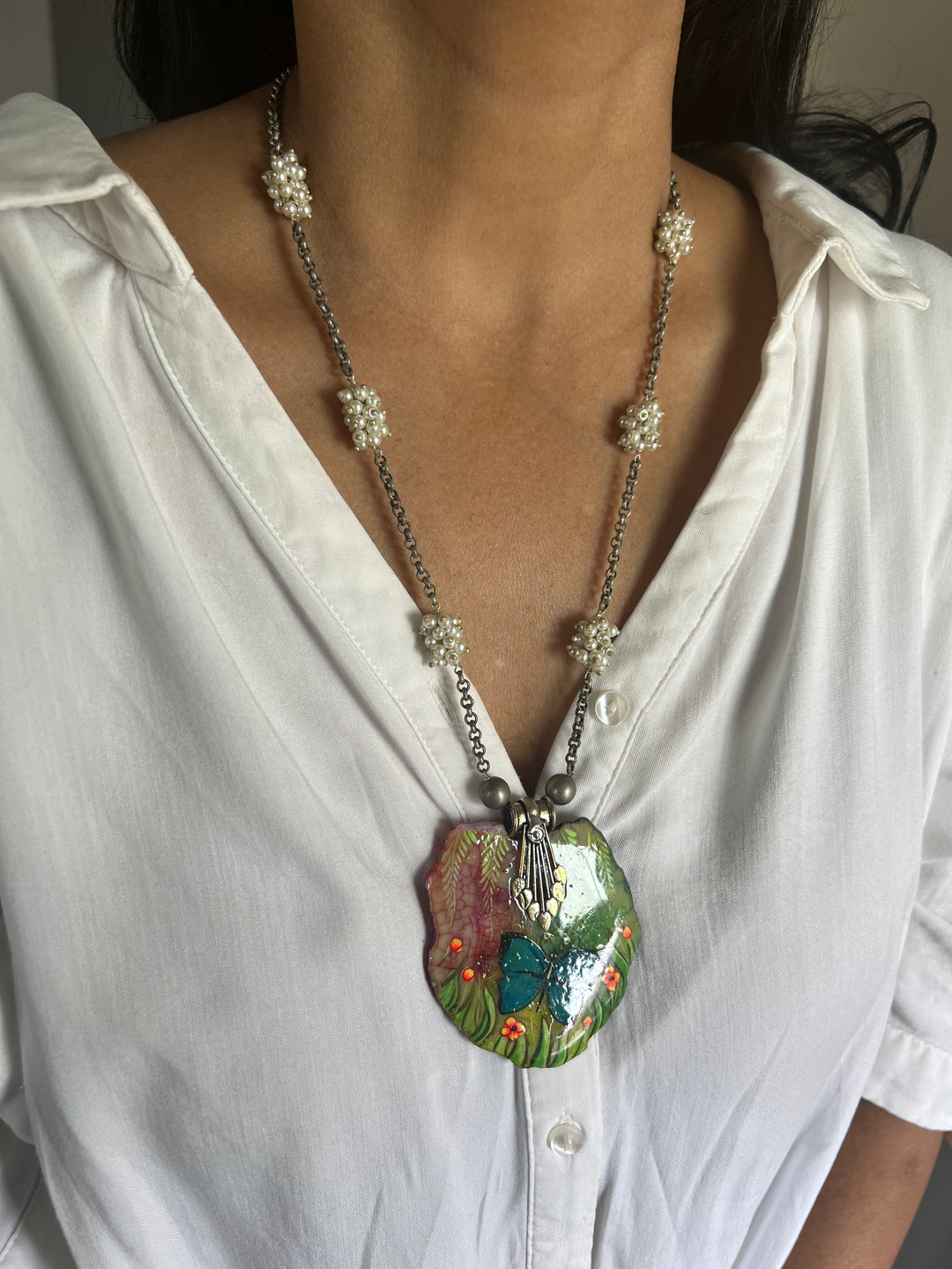 Hand-Painted Agate Stone Necklace with Pearl Clustered String | Statement Jewelry