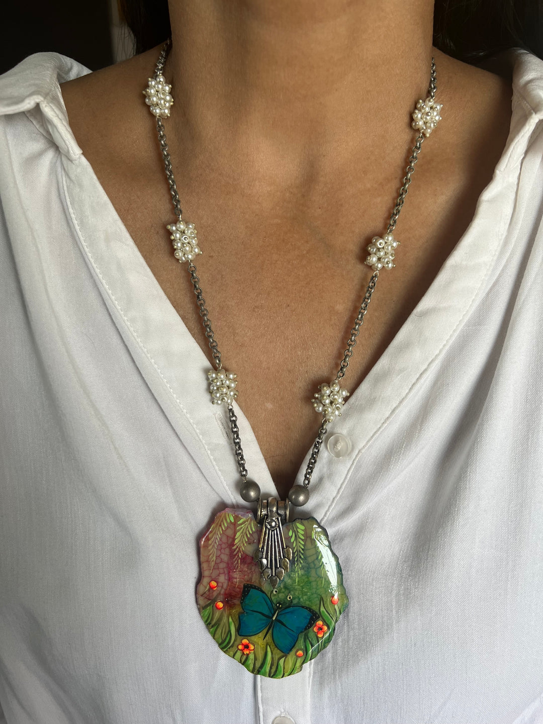 Hand-Painted Agate Stone Necklace with Pearl Clustered String | Statement Jewelry