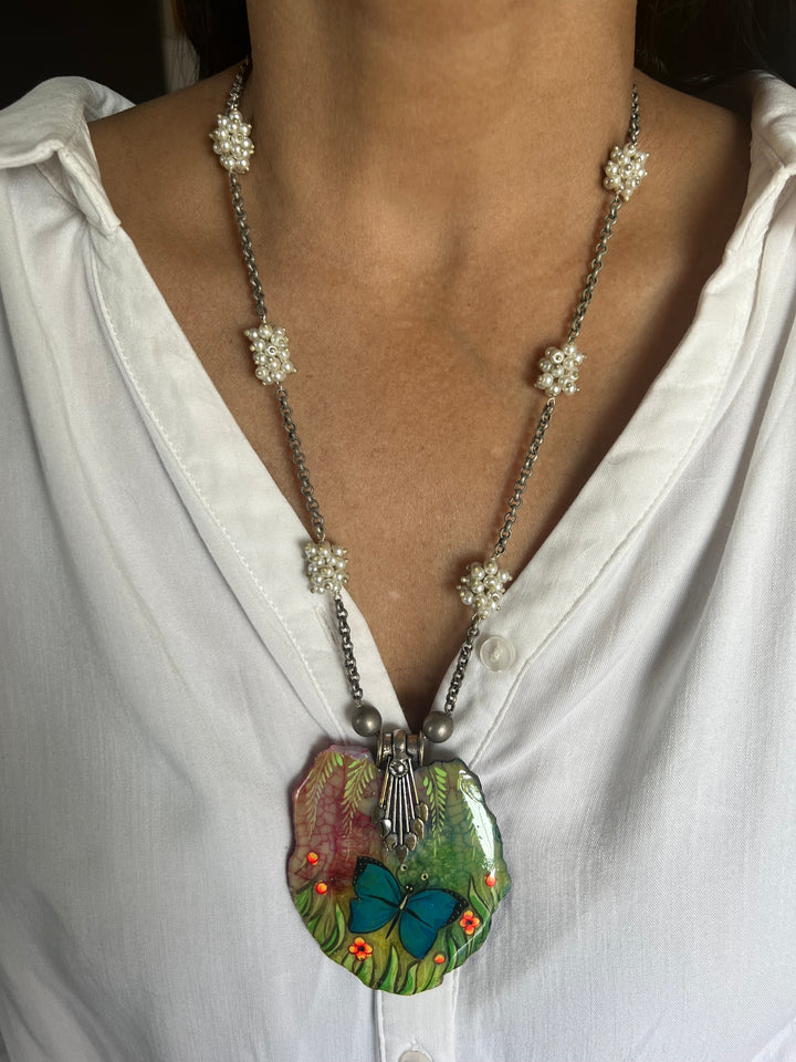 Hand-Painted Agate Stone Necklace with Pearl Clustered String | Statement Jewelry