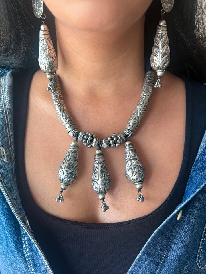 Handmade Tribal Antique Brass Necklace & Earrings Set | Adjustable Dori Statement Jewelry