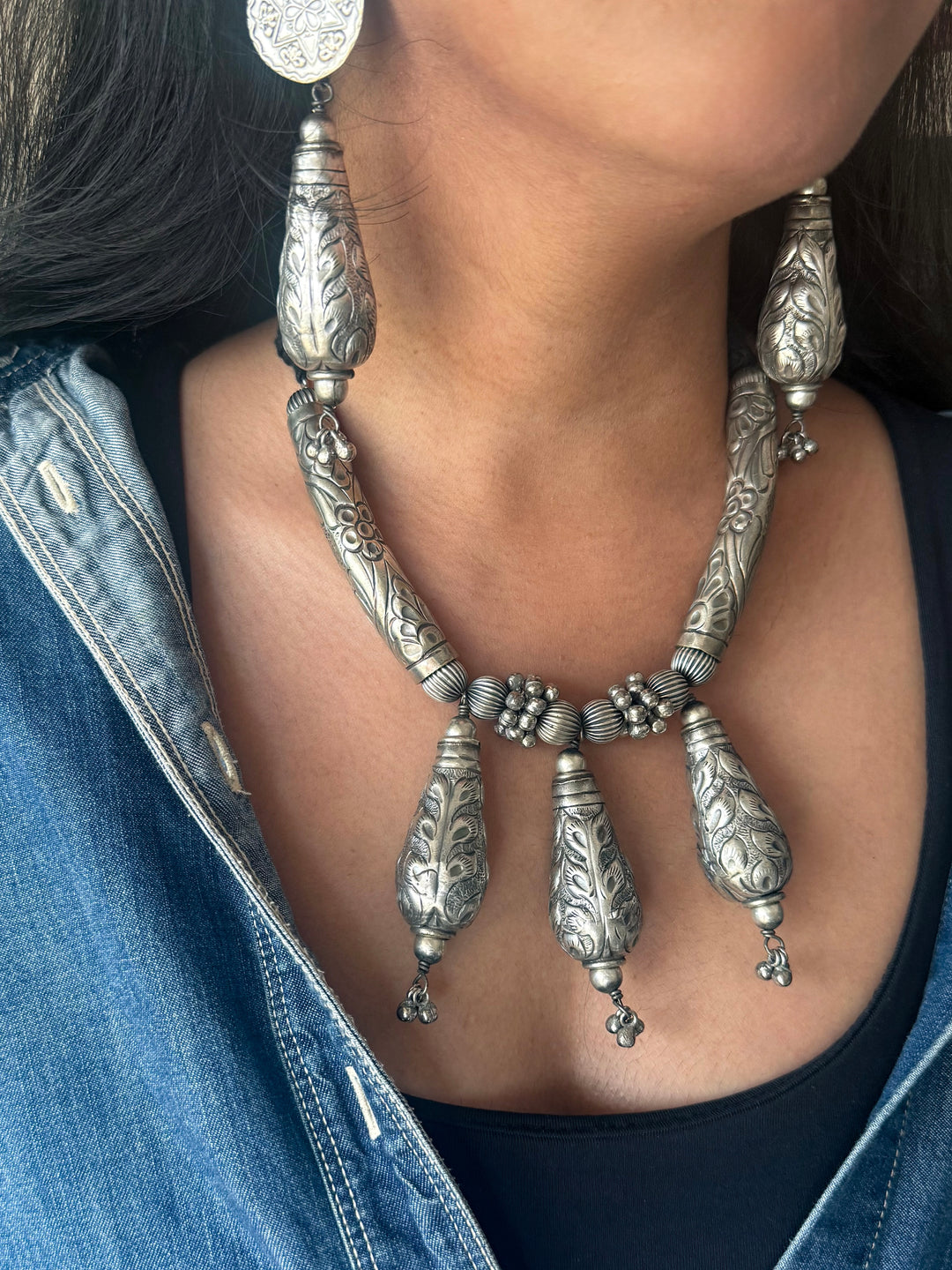 Handmade Tribal Antique Brass Necklace & Earrings Set | Adjustable Dori Statement Jewelry