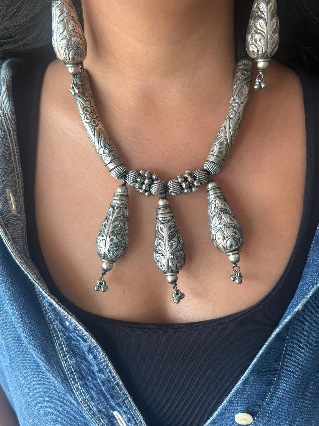 Handmade Tribal Antique Brass Necklace & Earrings Set | Adjustable Dori Statement Jewelry