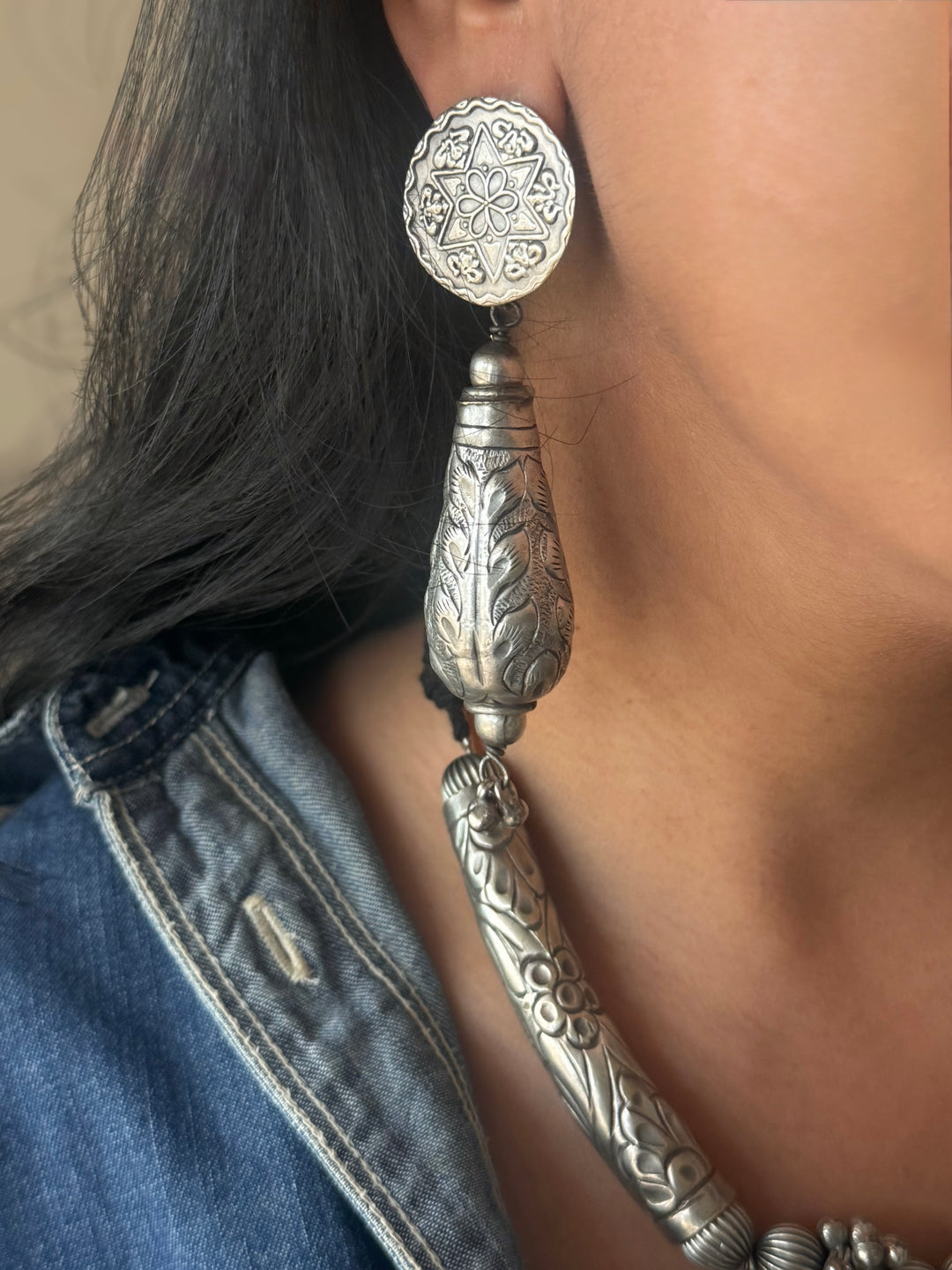 Handmade Tribal Antique Brass Necklace & Earrings Set | Adjustable Dori Statement Jewelry