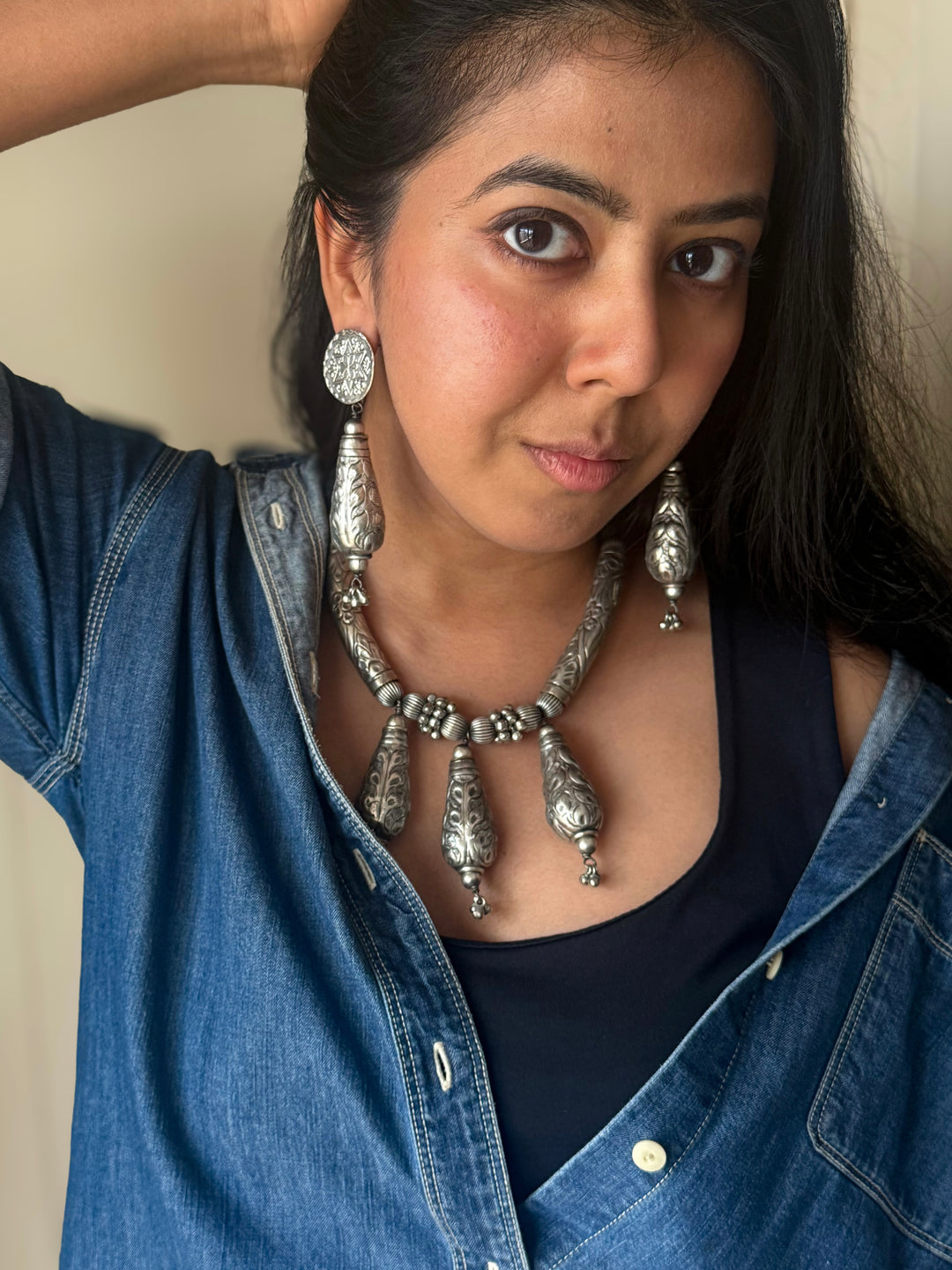 Handmade Tribal Antique Brass Necklace & Earrings Set | Adjustable Dori Statement Jewelry