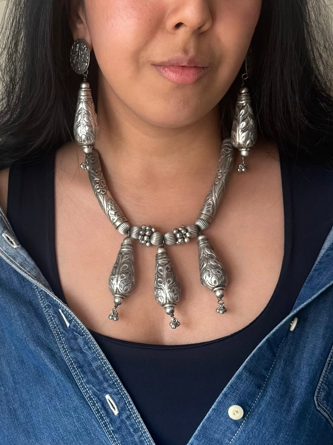 Handmade Tribal Antique Brass Necklace & Earrings Set | Adjustable Dori Statement Jewelry