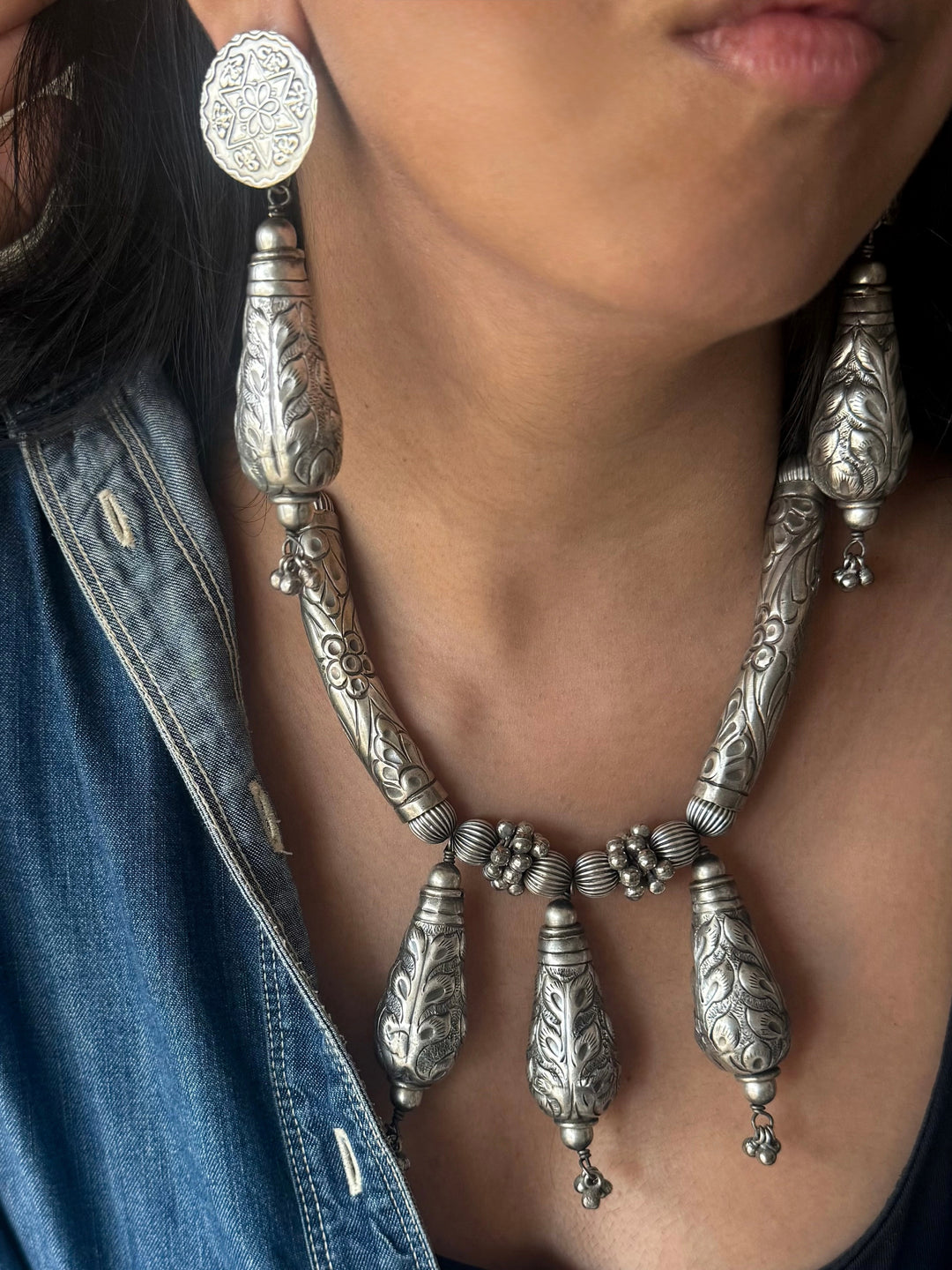 Handmade Tribal Antique Brass Necklace & Earrings Set | Adjustable Dori Statement Jewelry