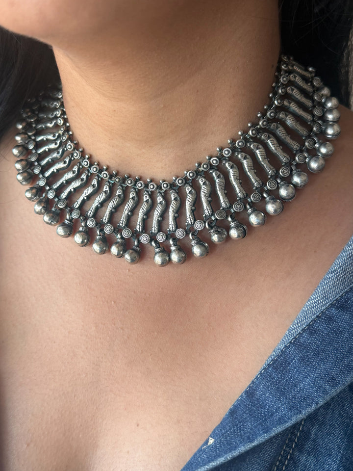 Handmade Tribal Ghungroo Antique Brass Statement Necklace | Adjustable Dori Artisan Jewelry