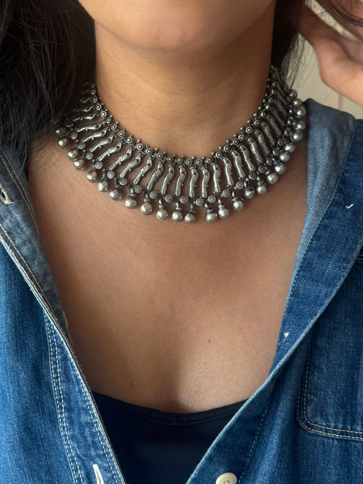 Handmade Tribal Ghungroo Antique Brass Statement Necklace | Adjustable Dori Artisan Jewelry