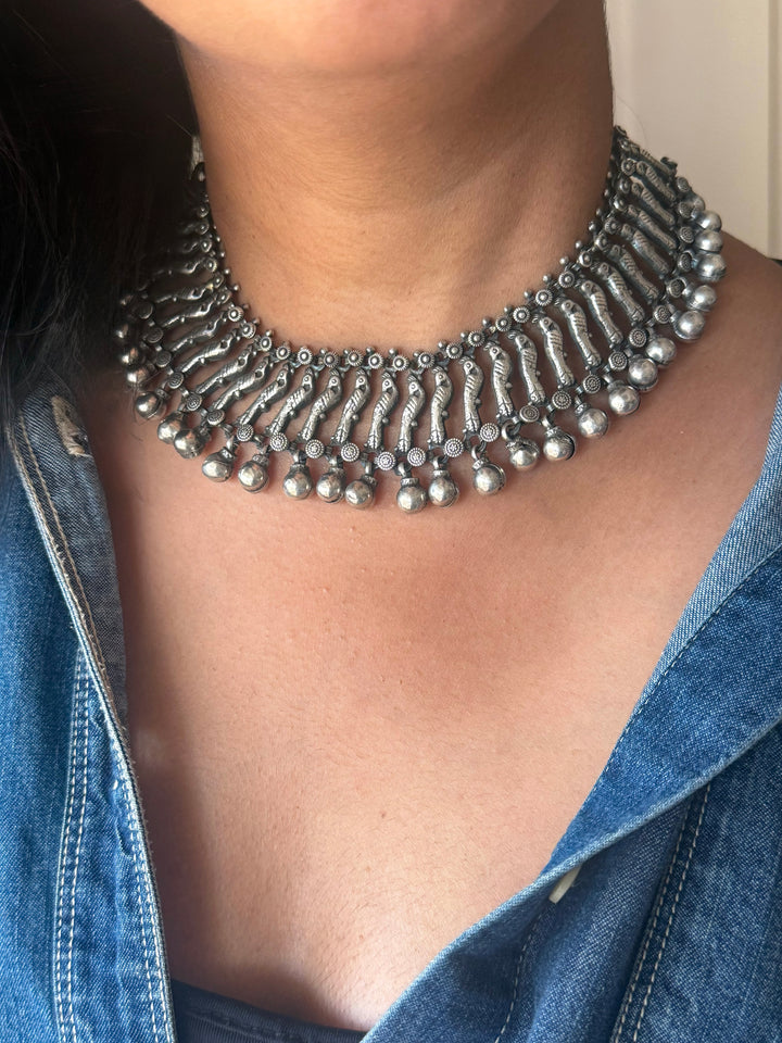 Handmade Tribal Ghungroo Antique Brass Statement Necklace | Adjustable Dori Artisan Jewelry