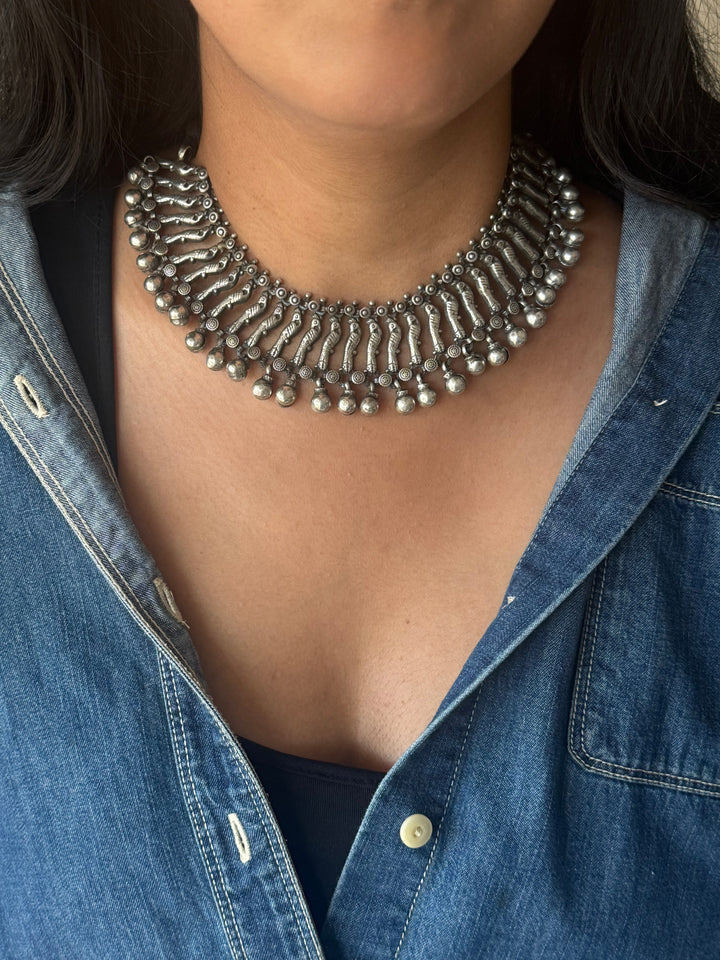 Handmade Tribal Ghungroo Antique Brass Statement Necklace | Adjustable Dori Artisan Jewelry