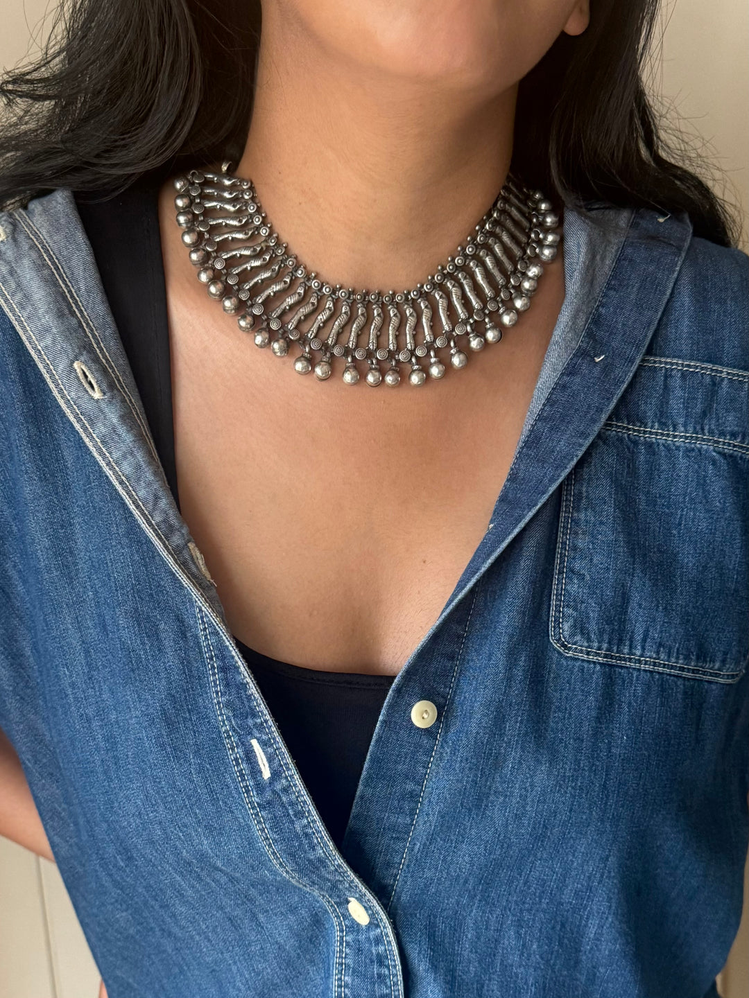 Handmade Tribal Ghungroo Antique Brass Statement Necklace | Adjustable Dori Artisan Jewelry