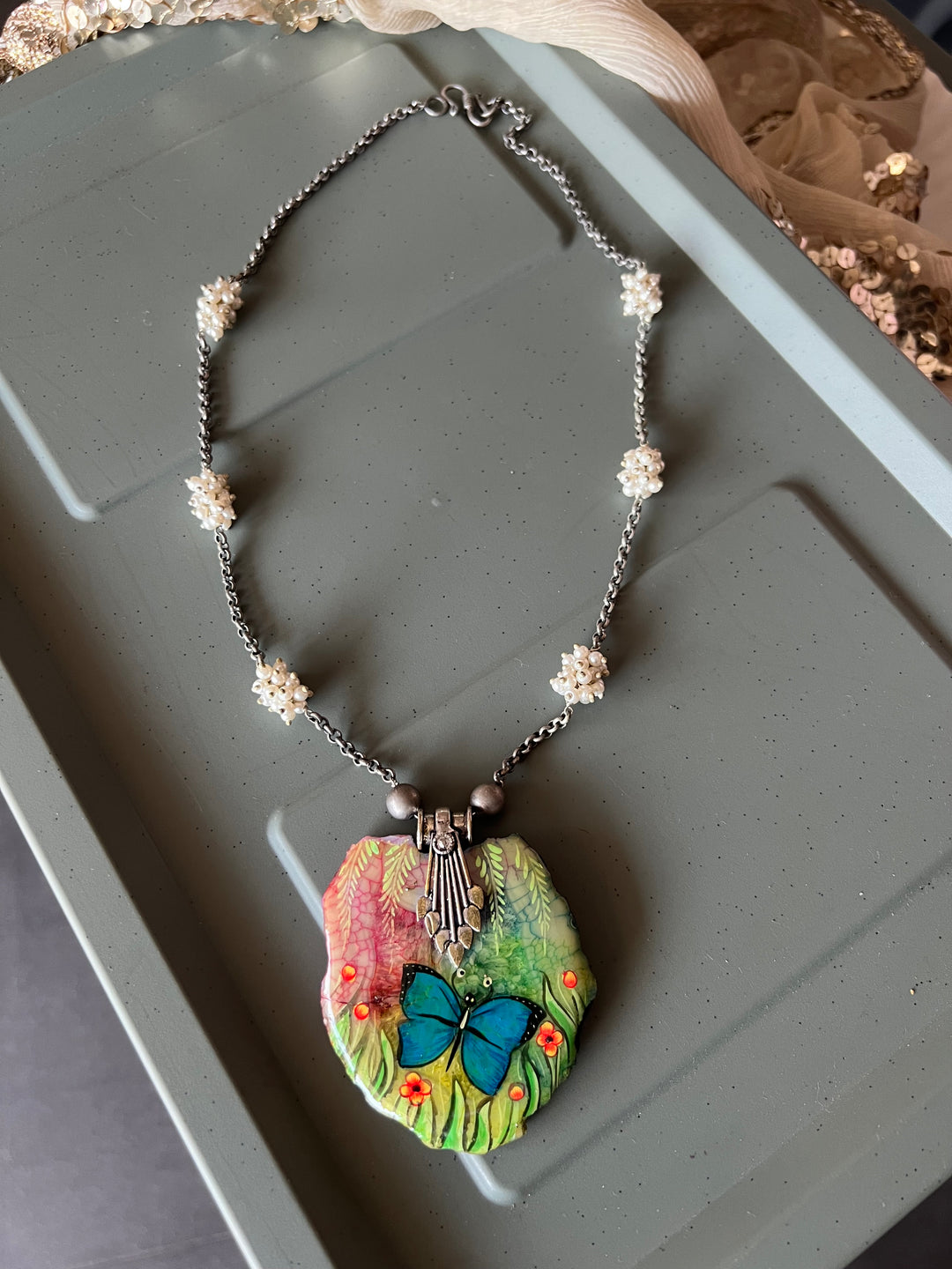 Hand-Painted Agate Stone Necklace with Pearl Clustered String | Statement Jewelry