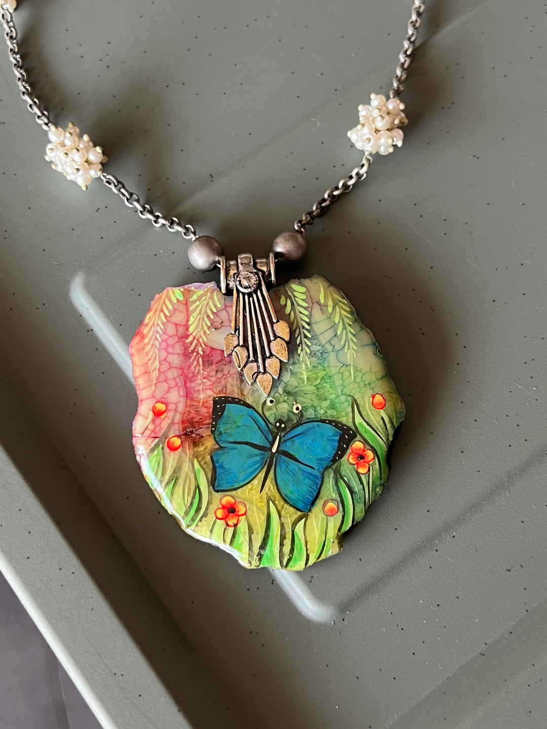 Hand-Painted Agate Stone Necklace with Pearl Clustered String | Statement Jewelry